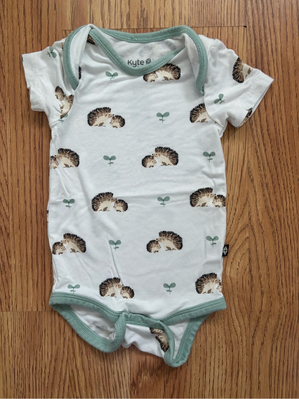 Kyte BABY White Hedgehog Print Short Sleeve One-Piece with Mint Trim